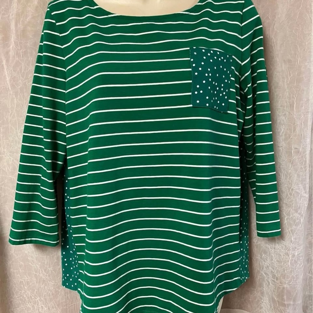 Talbots Green and White Striped Blouse with Polka Dot Pocket